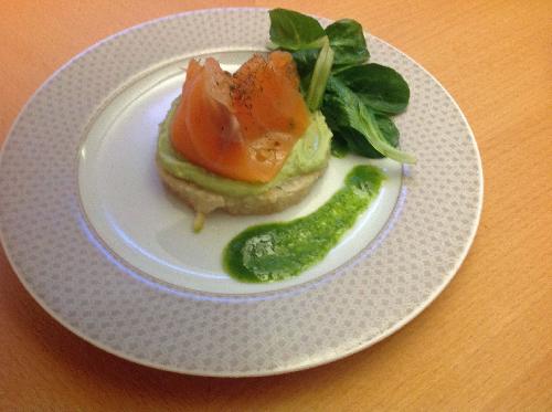 Avocado mousse with salmon and grape fruit