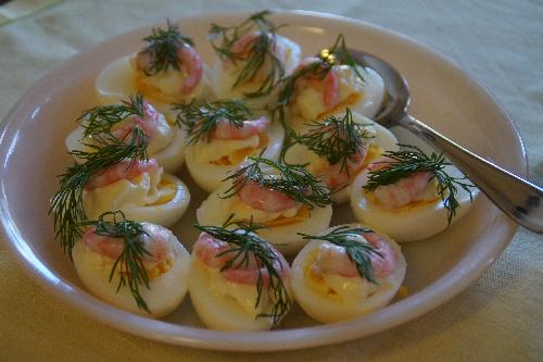 Party food with eggs and shrimps